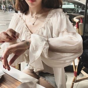 Ruffle blouse white cream bell sleeve sheer womens top sexy chic summer spring